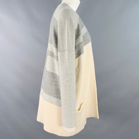 BLACK GOAT Size M Grey Cream Cashmere Stripe Open Front Cardigan - Picture 2 of 8